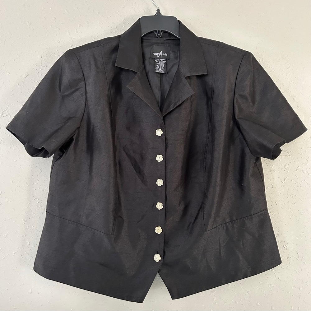 🦋 Vintage Positive Attitude Black Button Down Blouse Flower Button Jacket 18W